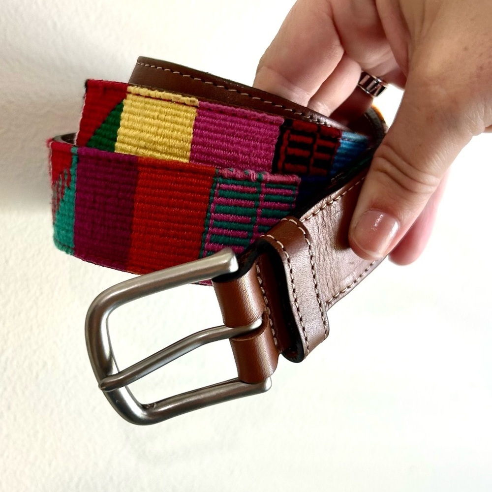 La Matera Fuego Woven Multicolored Embroidered Western Boho Leather Belt SZ 40